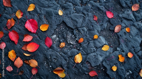 A minimalist shot of autumn leaves, with a few colorful leaves scattered on t...