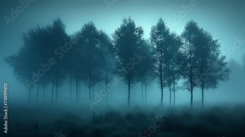 A minimalist photograph capturing a misty forest, where tall trees fade into ...