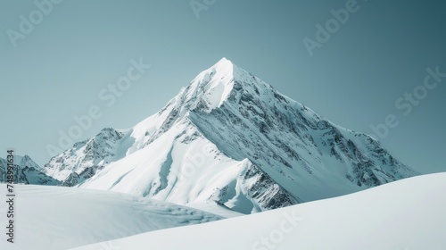mountain peak, with snow-capped slopes and a clear blue sky, emphasizing the grandeur © olegganko