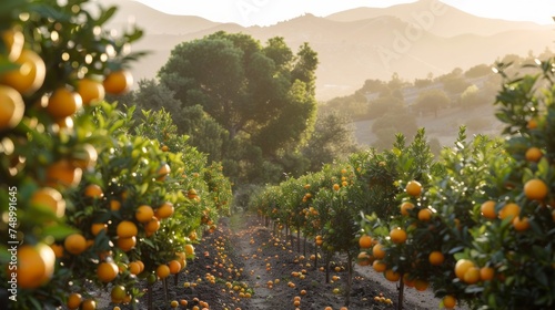 A citrus grove, with rows of orange and lemon trees stretching into the distance photo