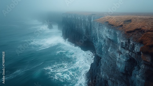 rugged coastline, with cliffs plunging into the sea and waves crashing agains...