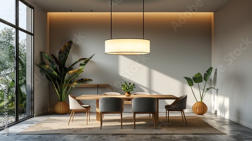 A minimalist dining area featuring a sleek table, modern chairs, and a statem...