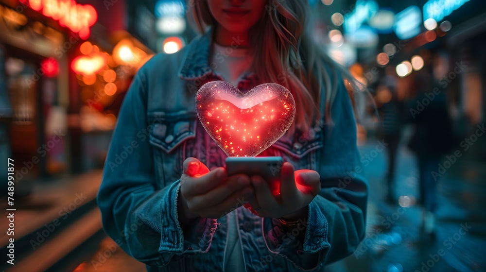 Obraz premium A person in casual clothes views holographic heart on phone indoors. Concept Casual Wear, Holographic Display, Technology, Indoor Setting, Virtual Reality