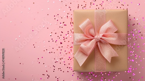 creatively designed gift box with a pink bow made of natural materials, set against a pink background with magenta accents. Perfect for party supplies and gift wrapping