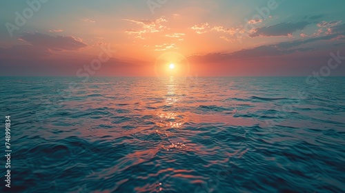 sunset on the horizon, with the sun casting a warm glow over the sky and the sea