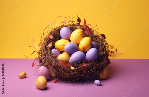 a nest filled with painted easter eggs on yellow background