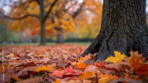 autumn leaves, with a few colorful leaves scattered on the ground