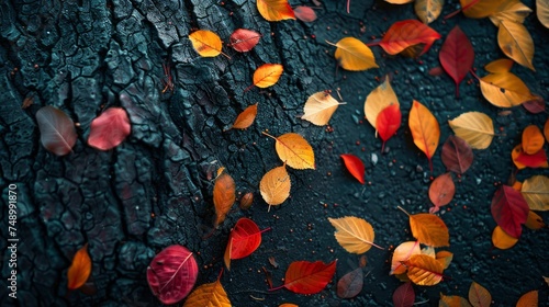 A minimalist shot of autumn leaves, with a few colorful leaves scattered on t...
