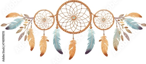 A detailed drawing of a dream catcher with intricate feathers hanging from the circular frame. The feathers are delicately decorated with patterns.