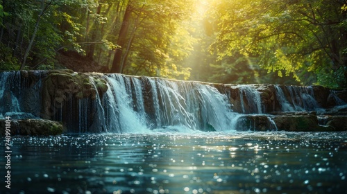 a waterfall, with crystal-clear water cascading over rocks into a serene pool below