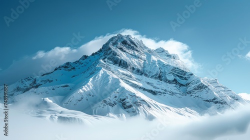 A mountain peak with snow-capped slopes and a clear blue sky, emphasizing the...