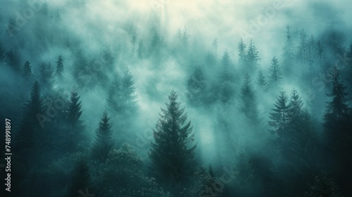 A minimalist photograph capturing a misty forest, where tall trees fade into the fog © olegganko