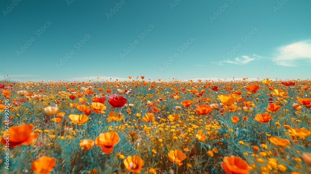 A minimalist view of a vibrant flower field, where colorful blooms stretch to the horizon