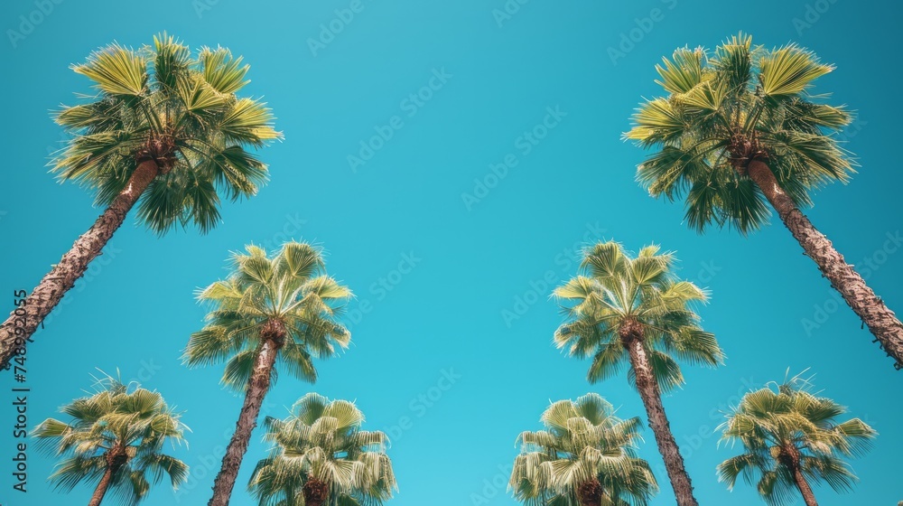 Fototapeta premium A minimalist composition of tall palm trees against a bright blue sky