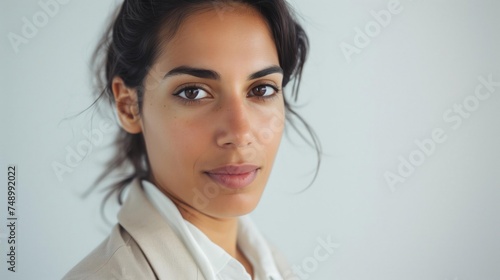 Closeup portrait of a woman with dark hair and brown eyes in a lightcolored shirt.