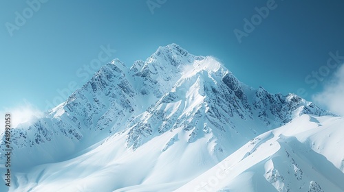 A mountain peak with snow-capped slopes and a clear blue sky, emphasizing the grandeur