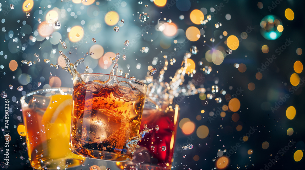 Three Glasses with Different Alcohol Cocktails: Rum and Coke, Whiskey, and Golden Margarita in Dynamic Composition with Splashed Liquid.