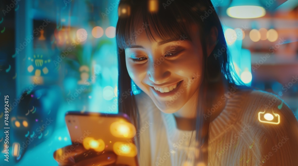 woman touching smartphone screen using smiley face emoticon with IoT internet of things and modern digital networking concept. people watching live video - obrazy, fototapety, plakaty 