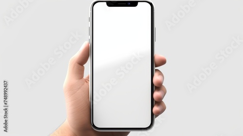 Mobile phone mockup with blank white screen in human hand, 3d render illustration put on a sweater, hold a smartphone Mobile digital device in arm isolated on white #748992437