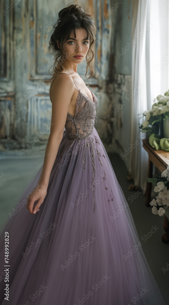 Fototapeta premium Atmospheric portrait of a girl in a lavender evening dress.