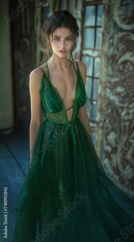 Atmospheric portrait of a girl in a green evening dress. © Alice
