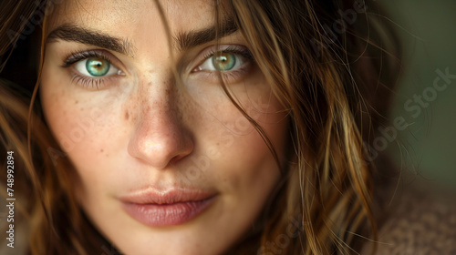 Portrait of a brunette with green eyes, super close-up.