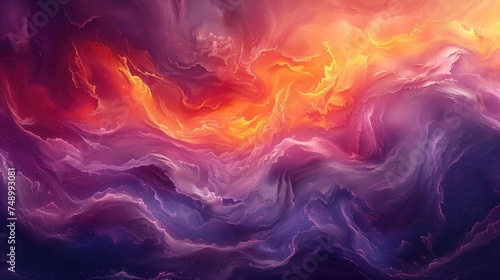 Digital artwork mimicking flowing, vibrant fluids in purple, red, orange, and blue swirls. Represents cosmic nebulas or dynamic fluid motion. Warm and cool colors create entrancing visual effect.