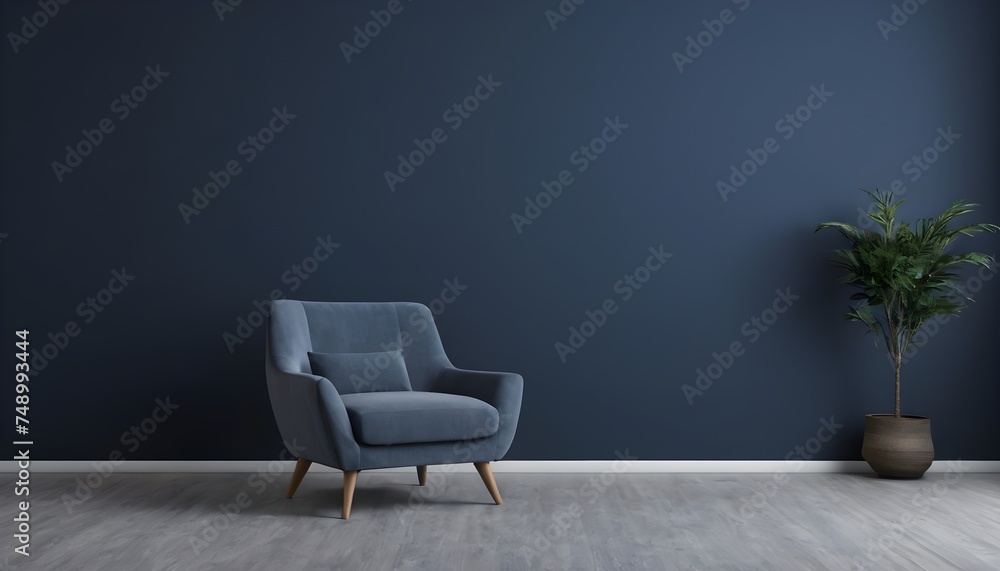 Chic An armchair in the interior against a blank dark blue wall backdrop gives the area depth and refinement. Chic An armchair in the interior against a blank dark blue wall backdrop gives the area depth and refinement.