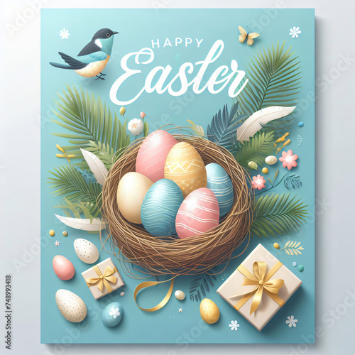 Happy Easter day. Easter eggs and flowers on a blue background with a happy easter card
