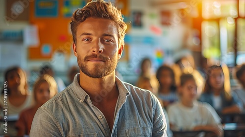A man with a beard is smiling in front of a crowd of students in a classroom photo