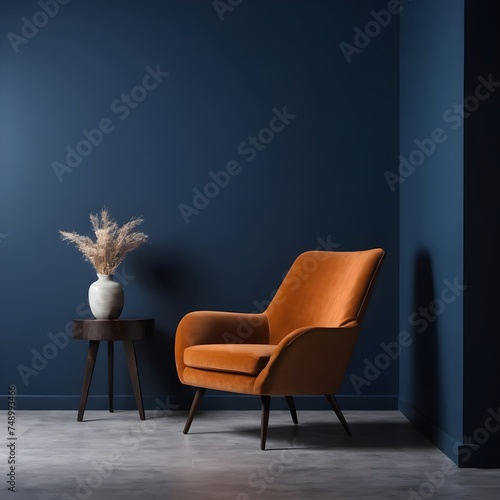 Chic An armchair in the interior against a blank dark blue wall backdrop gives the area depth and refinement.