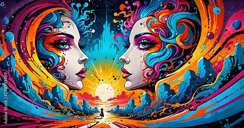 Surreal faces mirror each other against a cosmic backdrop, exuding a sense of mystical duality. The fusion of warm and cool colors illustrates the harmony of contrasts. AI generation AI generation