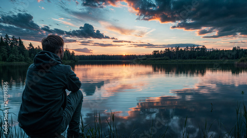 Wallpaper Mural Man sitting next to a tranquil lake and watching the sunset Torontodigital.ca