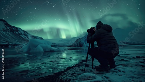 Photographer in winter gear taking photos of stunning aurora borealis over icy landscape