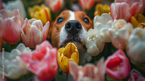 Black nose of dog in spring flowers pink, white and yellow tulips.