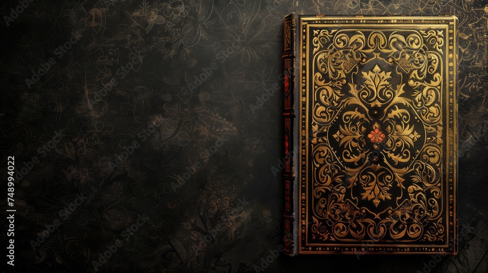 Ornate antique book cover on a dark floral background
