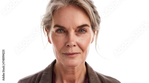 A serene woman with gray hair in a highkey portrait. photo