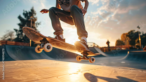 A skateboarder performing a trick at a skate park under the summer sun. photo