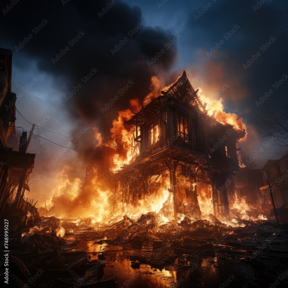 
A terrible fire in the house at night. Burning house with fire and smoke. War, bombs, houses set on fire. Home insurance, property insurance. Put out the fire. Call the fire service for rescue.