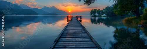 Waterfront lake with smooth, Wooden jetty on a lake at sunset Beautiful summer landscape 