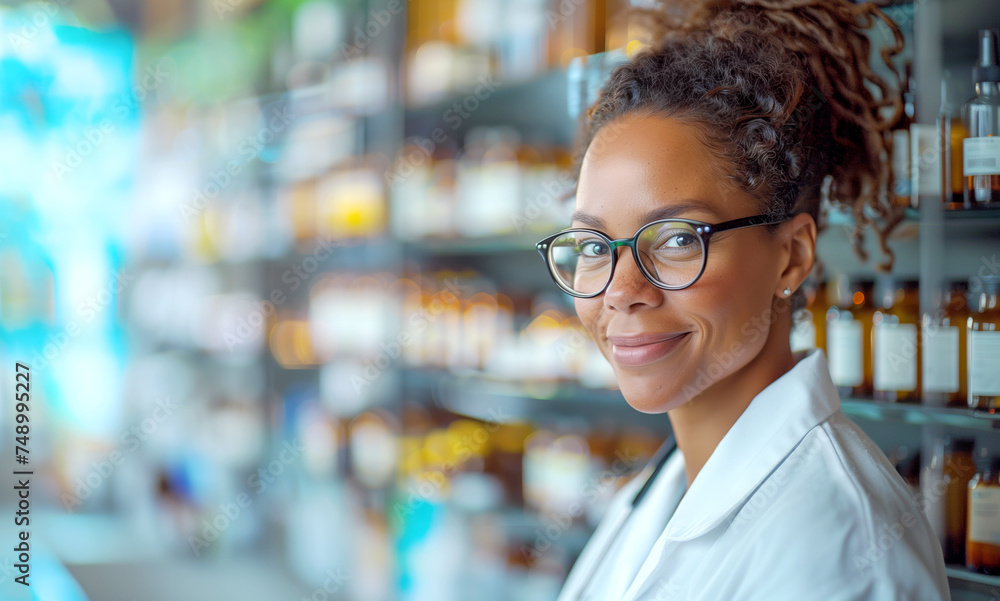 Female pharmacist with glasses in a modern pharmacy