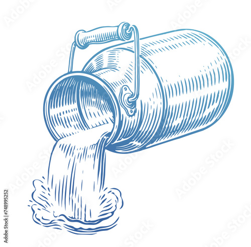 Raw milk pours from can. Retro milk canister. Farm organic food. Sketch vector illustration