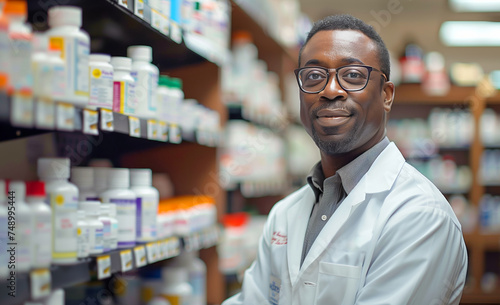 Smiling male pharmacist with eyeglasses in a stocked pharmacy