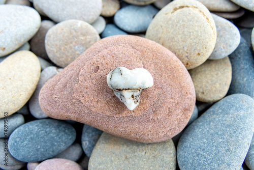 Small Heart-Shaped Stone on Larger Pebble Amongst Others