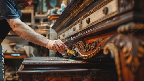 A craftsman meticulously restores details on classic wooden furniture photo
