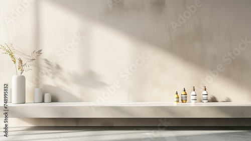 Minimalist skincare bottles on shelf against a textured cream wall