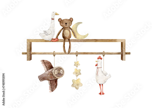 Children's shelf with toys for the baby, a month and stars, a bear, a goose, a rooster and an owl. Isolated hand drawn watercolor illustration for children's interior, cards, stickers, textiles,design