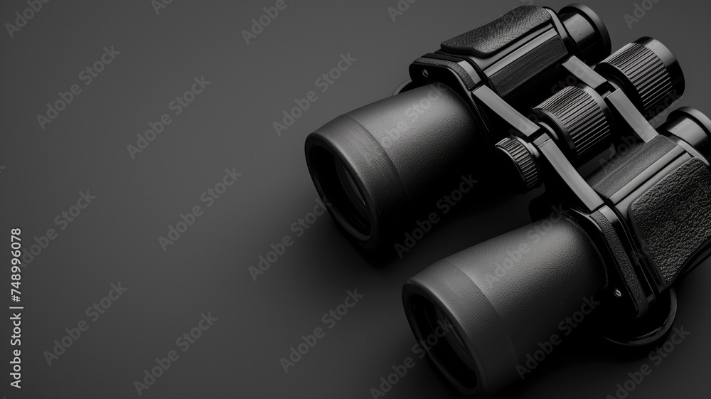 A pair of black binoculars on a dark grey background