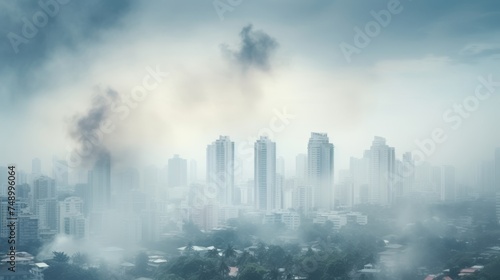 Cityscape with toxic haze and pm 2.5 smog dust, buildings in bad weather, air pollution concept