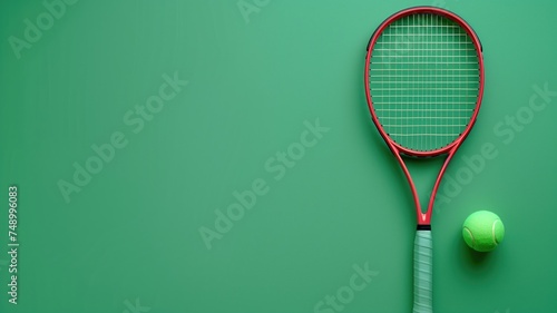 Tennis racket and ball on vivid green background, symbolizing active lifestyle © Artyom